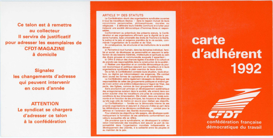 [Carte d'adhérent CFDT 1992]