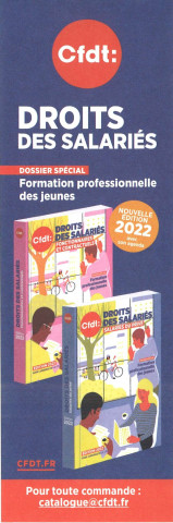 [Marque-page guides juridiques "Droits des salariés" : [Recto] "... Dossier spécial Formation professionnelle des jeunes. Nouvelle édition 2022 avec son agenda... " [Verso] calendrier septembre 2021 à décembre 2022]