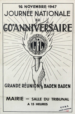 16 novembre 1947. Journée nationale du 60e anniversaire [de la création du Syndicat des employés du commerce et de l'industrie - SECI]. CFTC. Grande réunion à Baden Baden. Mairie - salle du tribunal à 15 heures.