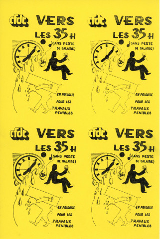 [Planche de quatre autocollants jaunes "Vers les 35H (sans perte de salaire). En priorité pour les travaux pénibles"]