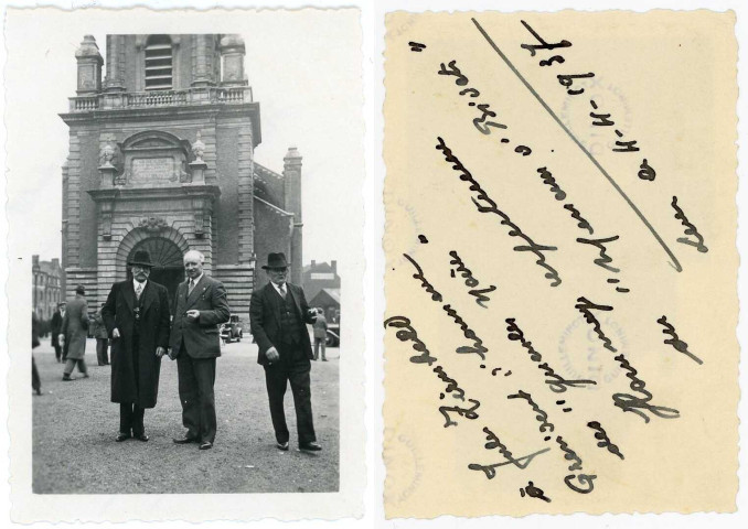 [Portrait de Jules Zirnheld et d'un autre homme devant le parvis de l'église Saint-léger de Lens]