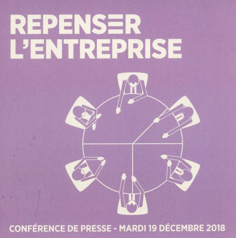 [Autocollant mauve "Repenser l'entreprise. Conférence de presse. Mardi 19 décembre 2018"]