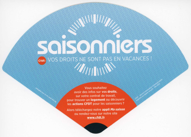 [Éventail bleu ciel : [Recto] Saisonniers... [Verso] "Appli Ma Saison" [QR code]]