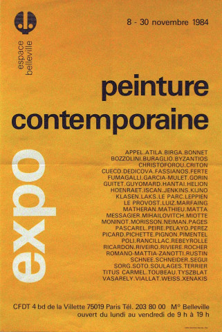 Espace Belleville. 8-30 novembre 1984. Peinture contemporaine, expo.