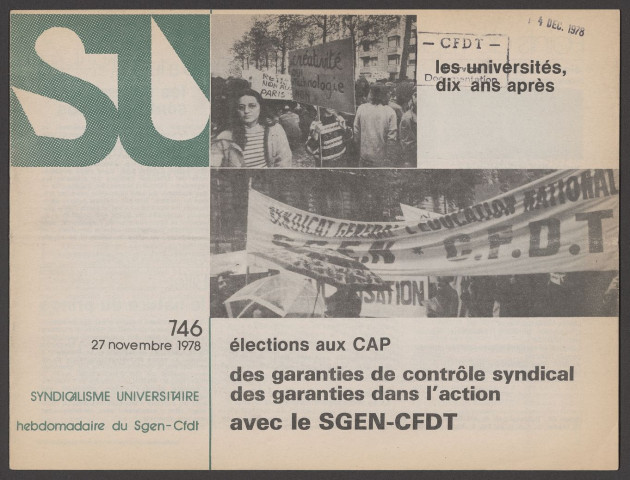 Syndicalisme universitaire n°746, 27 novembre 1978