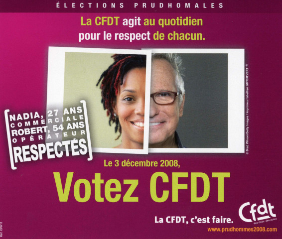 [Autocollant horizontal rose "La CFDT agit au quotidien pour le respect de chacun. Le 3 décembre 2008, votez CFDT"]