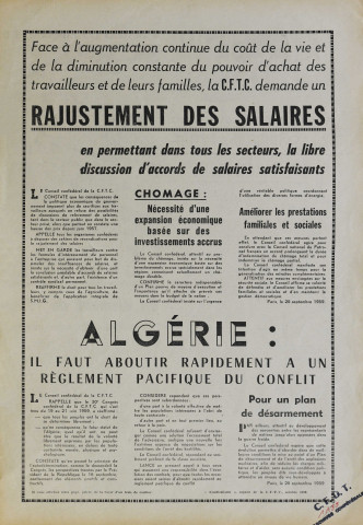 Face à l'augmentation continue du coût de la vie et de la diminution constante du pouvoir d'achat des travailleurs et de leurs familles, la CFTC demande un réajustement des salaires... Algérie : il faut aboutir rapidement à un règlement pacifique du conflit... Pour un plan de désarmement...