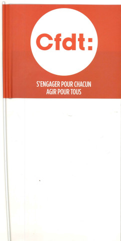 [Drapeau orange : [Recto] logo CFDT blanc [Verso] drapeau arc-en-ciel]