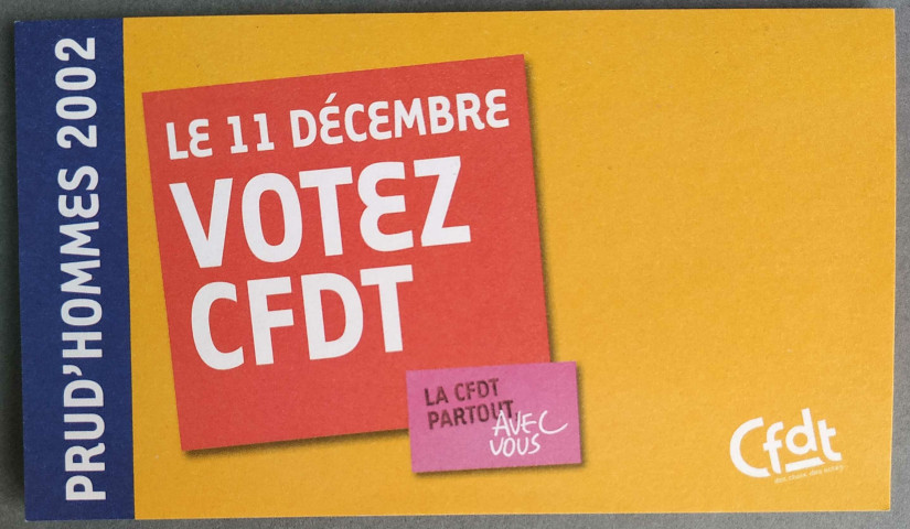 [Bloc de notes repositionnables jaunes "Prud'hommes 2002. Le 11 décembre votez CFDT"]