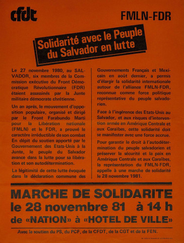 CFDT, FMLN-FDR [Front Farabundo Martí de libération nationale]. Solidarité avec le Peuple du Salvador en lutte.