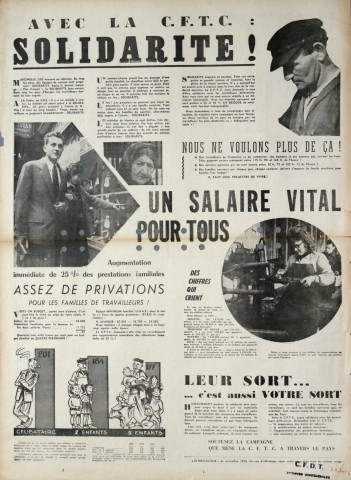 Avec la CFTC : solidarité !... Un salaire vital pour tous... Augmentation immédiate de 25% des prestations familiales. Assez de privations pour les familles de travailleurs !... Leur sort& C'est aussi votre sort. Soutenez la campagne que mène la CFTC à travers le pays.