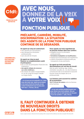 [Recto] Précarité, carrière, mobilité, discrimination : la situation des agents de la fonction publique continue de se dégrader... Il faut continuer à obtenir de nouveaux droits dans la fonction publique ! [Verso] Agir pour rendre les parcours professionnels plus sûrs et plus attractifs.