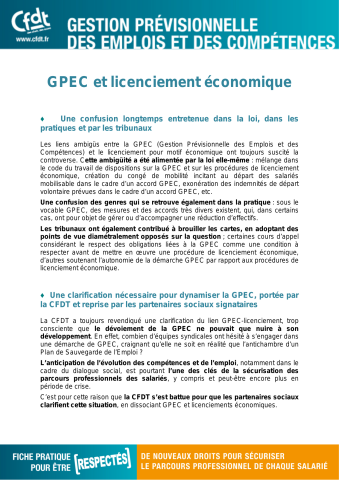 [1ère page] GPEC et licenciement économique. Une confusion longtemps entretenue dans la loi... Une clarification nécessaire pour dynamiser la GPEC... [2e page] Une décision de la Cour de cassation qui conforte la position des signataires des accords...