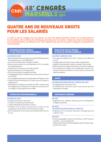 [Recto] 48e congrès CFDT. Marseille - 2-6 juin 2014. Quatre ans de nouveaux droits pour les salariés. La CFDT se bat et s'engage pour les salariés. Au cours des quatre dernières années, par la négociation et la concertation, elle a obtenu de nombreuses avancées pour les salariés... [Verso] Retraites... Fonction publique... Jeunes...