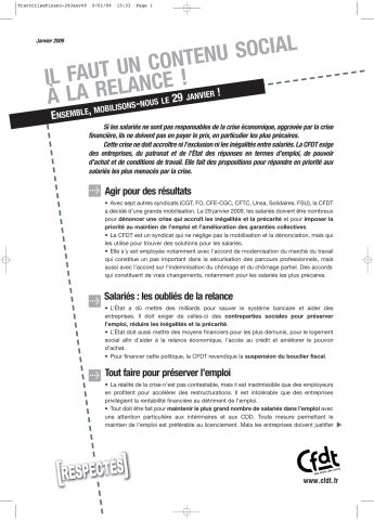 [Recto] Il faut un contenu social à la relance. Ensemble, mobilisons-nous le 29 janvier !... Agir pour des résultats... Salariés : les oubliés de la relance... Tout faire pour préserver l'emploi... [Verso] ... Réduire les inégalités, améliorer le pouvoir d'achat... Une relance économique qui prépare notre avenir... Pour obtenir des résultats. Aujourd'hui, j'adhère !...