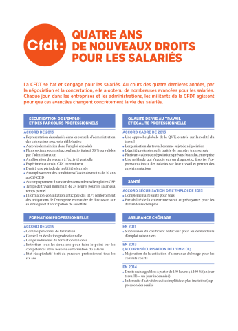 [Recto] Quatre ans de nouveaux droits pour les salariés. La CFDT se bat et s'engage pour les salariés. Au cours des quatre dernières années, par la négociation et la concertation, elle a obtenu de nombreuses avancées pour les salariés... [Verso] Retraites... Fonction publique... Jeunes...