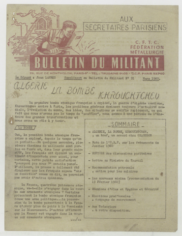 Bulletin du militant, supplément février 1960