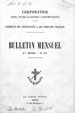 Bulletin mensuel (corporation des publicistes chrétiens, syndicat des journalistes et écrivains français), n°87 à 99