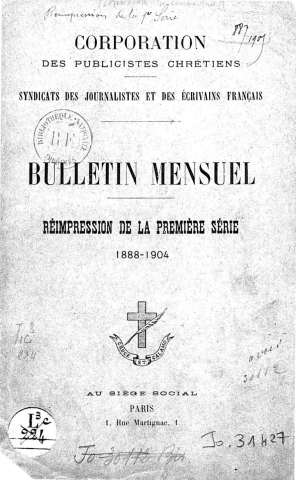 Bulletin mensuel (corporation des publicistes chrétiens, syndicat des journalistes et écrivains français), n°1 à 148